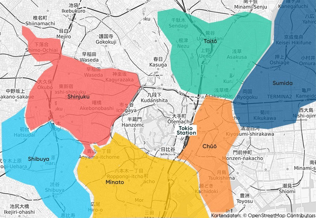 Stadtteile mit interessanten Sehenswürdigkeiten in Tokio auf einer Karte