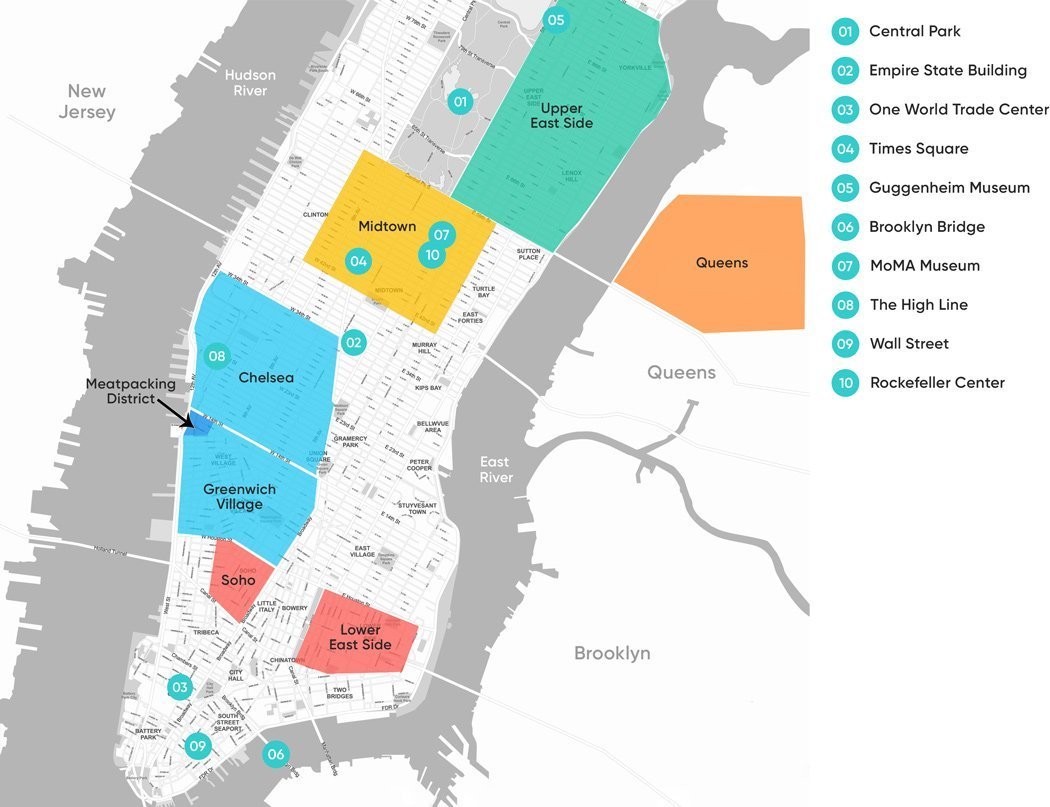 New York Hotels - Die Bezirke, die wir zum Übernachten empfehlen auf einer Karte