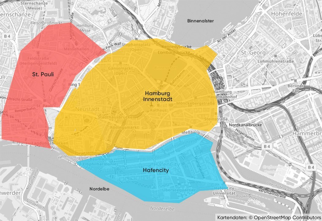 Die besten Gegenden zum Übernachten in Hamburg auf einer Karte