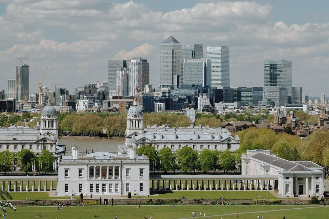 Ausblick von Greenwich auf die Docklands von London