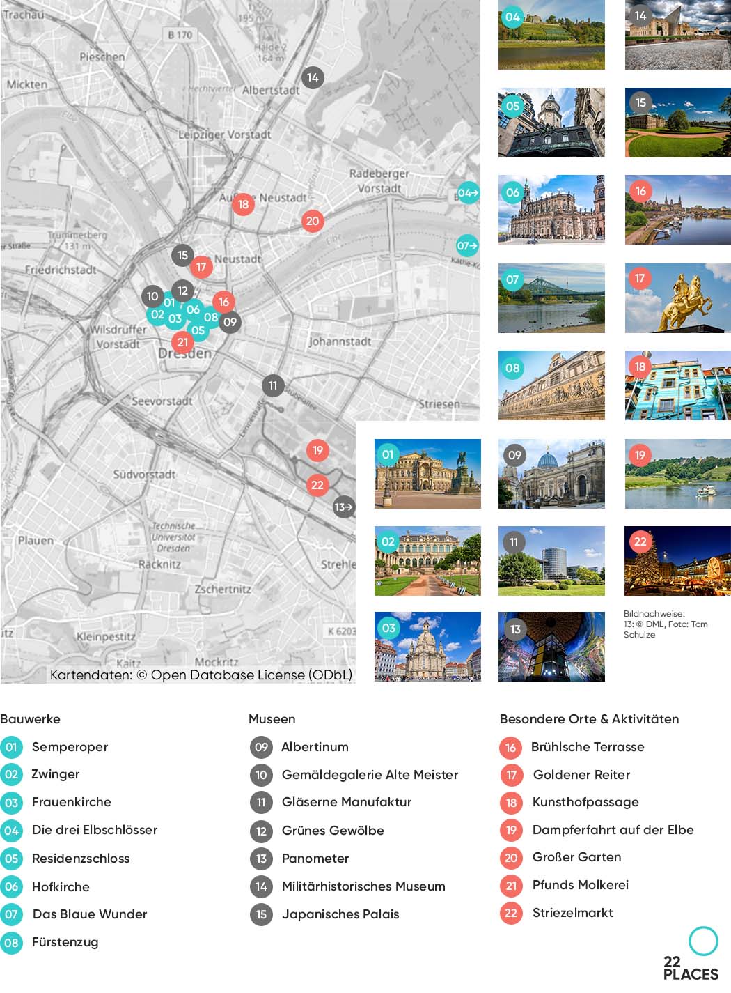 22 Dresden Sehenswürdigkeiten auf einer Karte