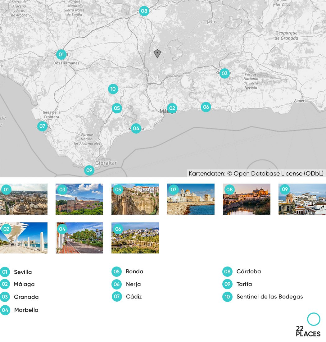 Karte der 10 schönsten Städte Andalusiens im Überblick
