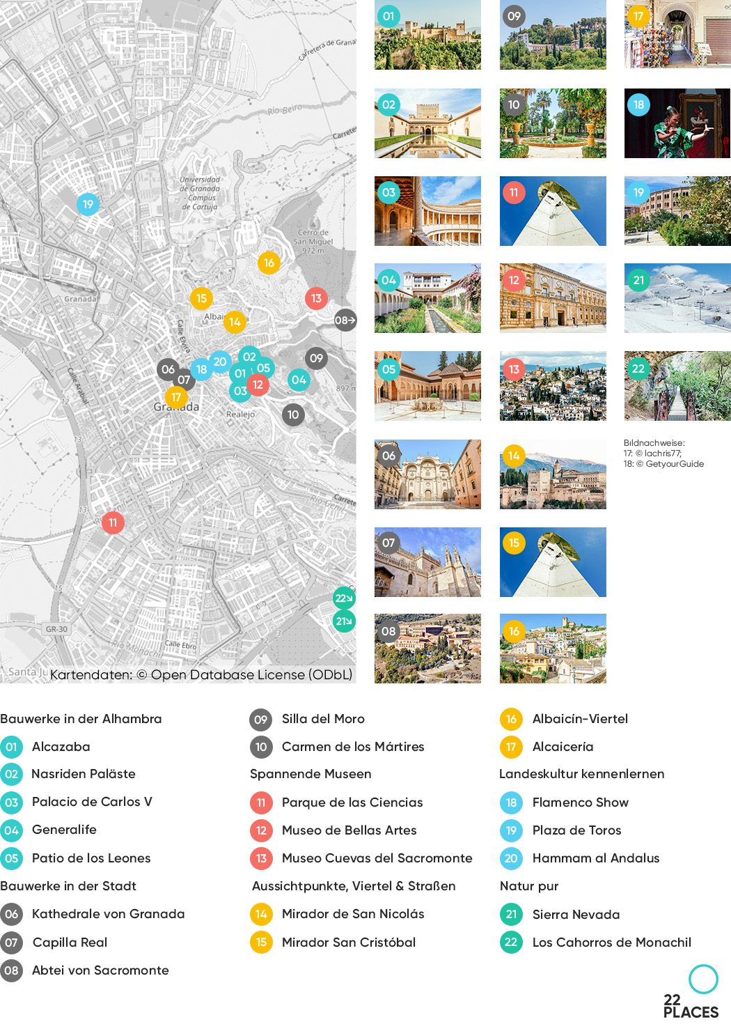Karte aller 22 Top Sehenswürdigkeiten in Granada