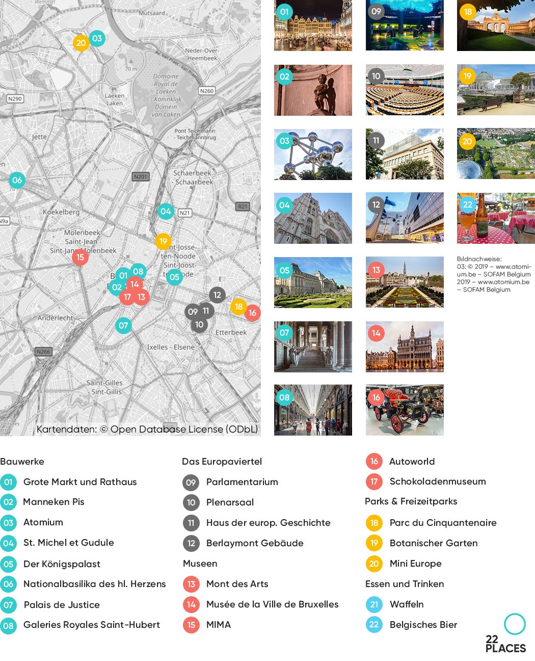 Karte aller 22 Top Sehenswürdigkeiten in Brüssel