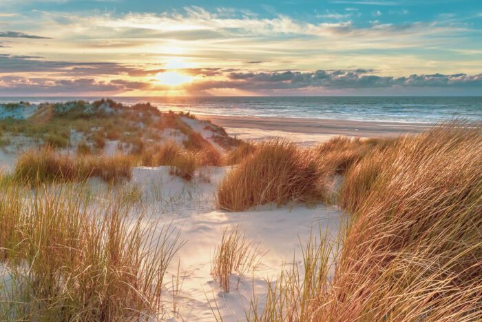 Sanddüne auf Ameland in den Niederlanden. Blick auf Dünen, Strand und Meer mit Sonnenuntergang.