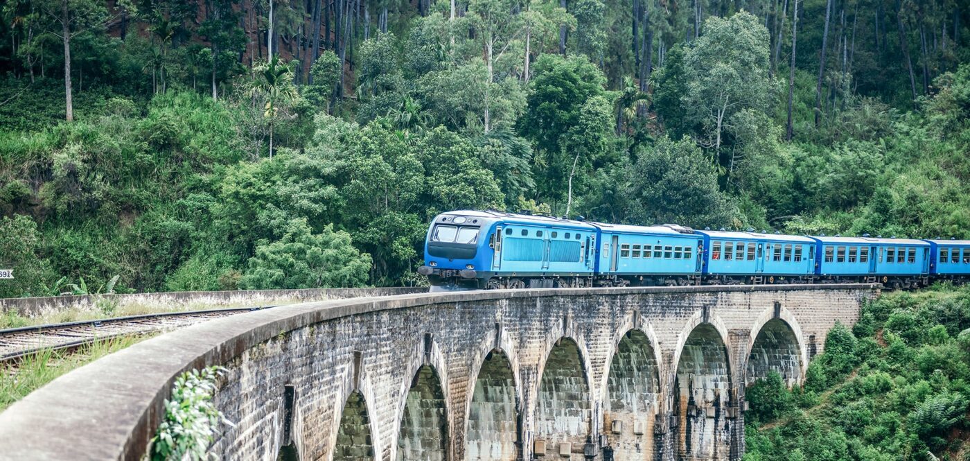 Blauer Zug vor einem Wald in Sri Lanka
