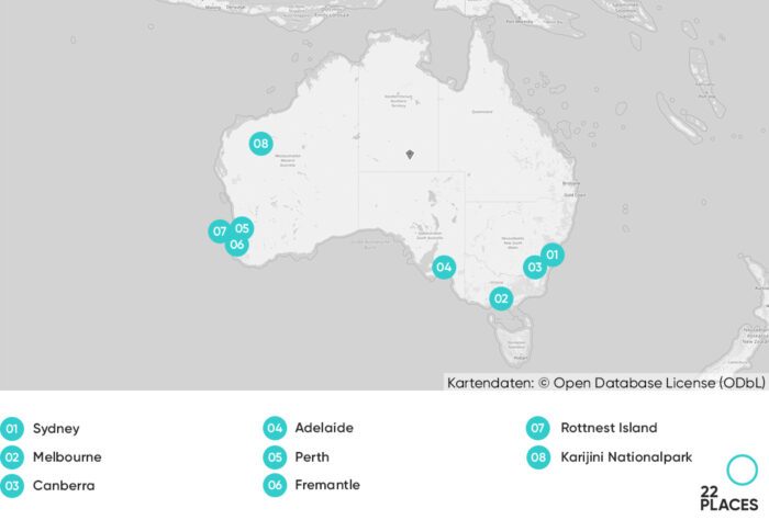 Karte von Australien mit den wichtigsten Sehenswürdigkeiten