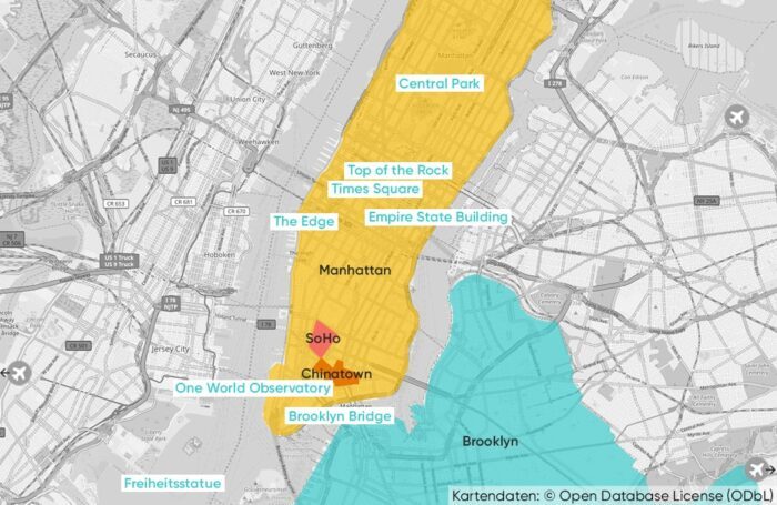 Karte mit den wichtigsten Sehenswürdigkeiten und Vierteln in New York