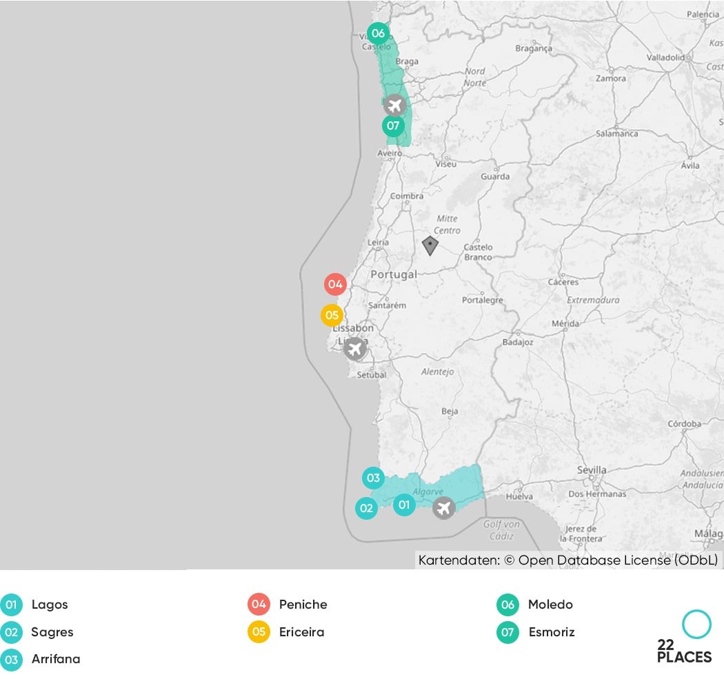 Karte unserer Top Surf Spots in Portugal