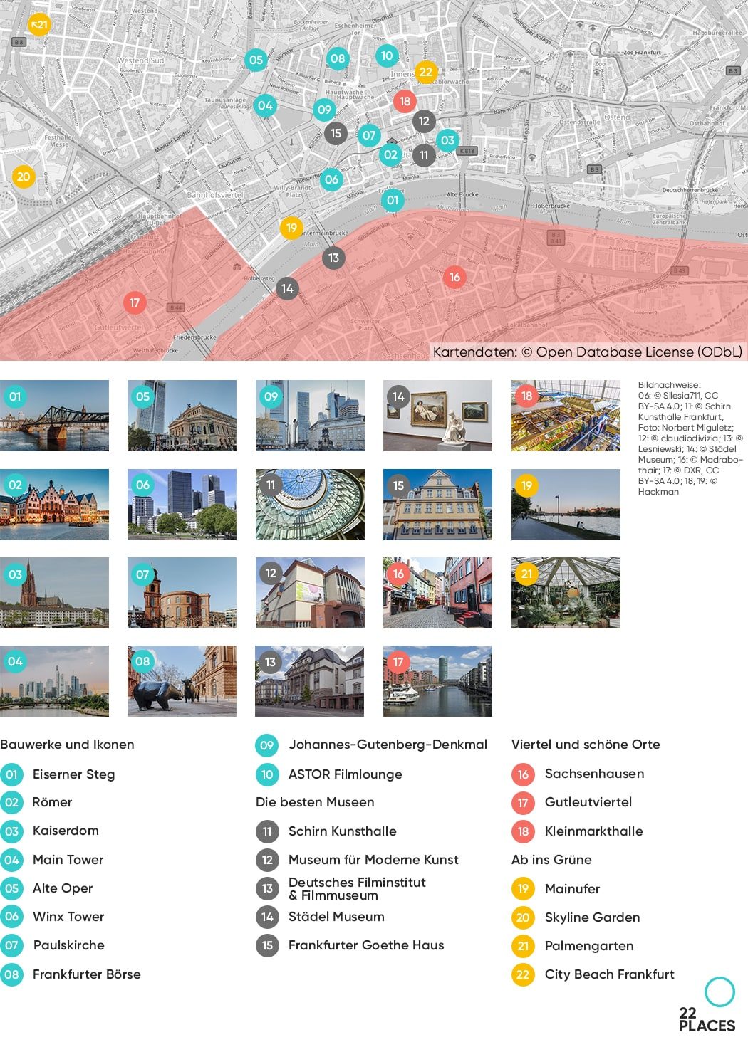 Karte mit den 22 schönsten Sehenswürdigkeiten in Frankfurt