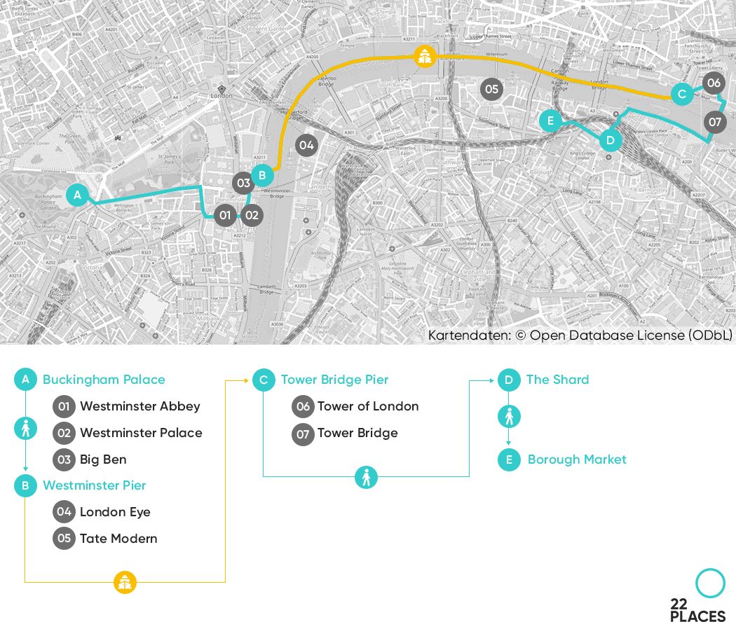 Karte mit einer Route für den ersten Tag Sightseeing in London