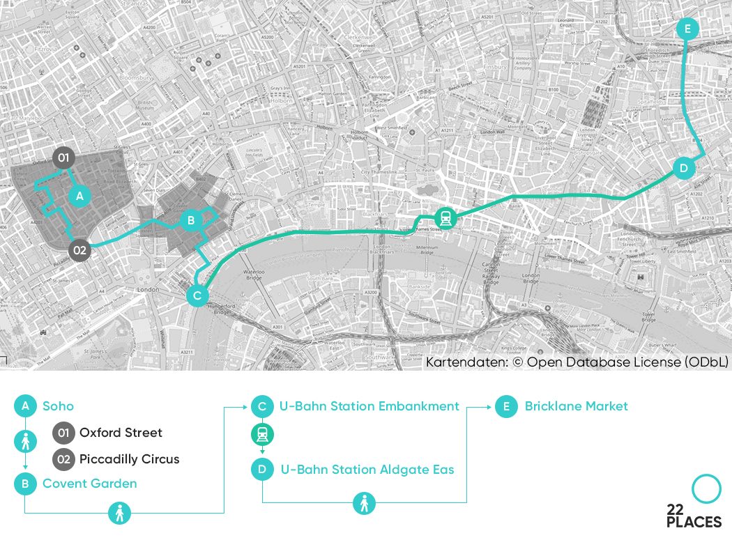 Karte mit einer Route für den zweiten Tag Sightseeing in London
