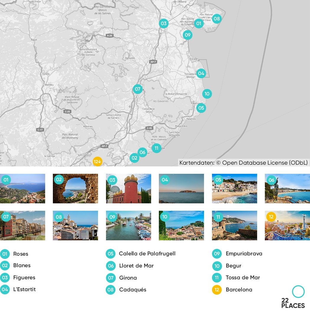 Karte unserer elf schönsten Orte an der Costa Brava