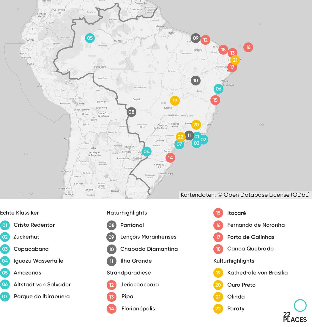 Karte mit den 22 Top Sehenswürdigkeiten Brasiliens