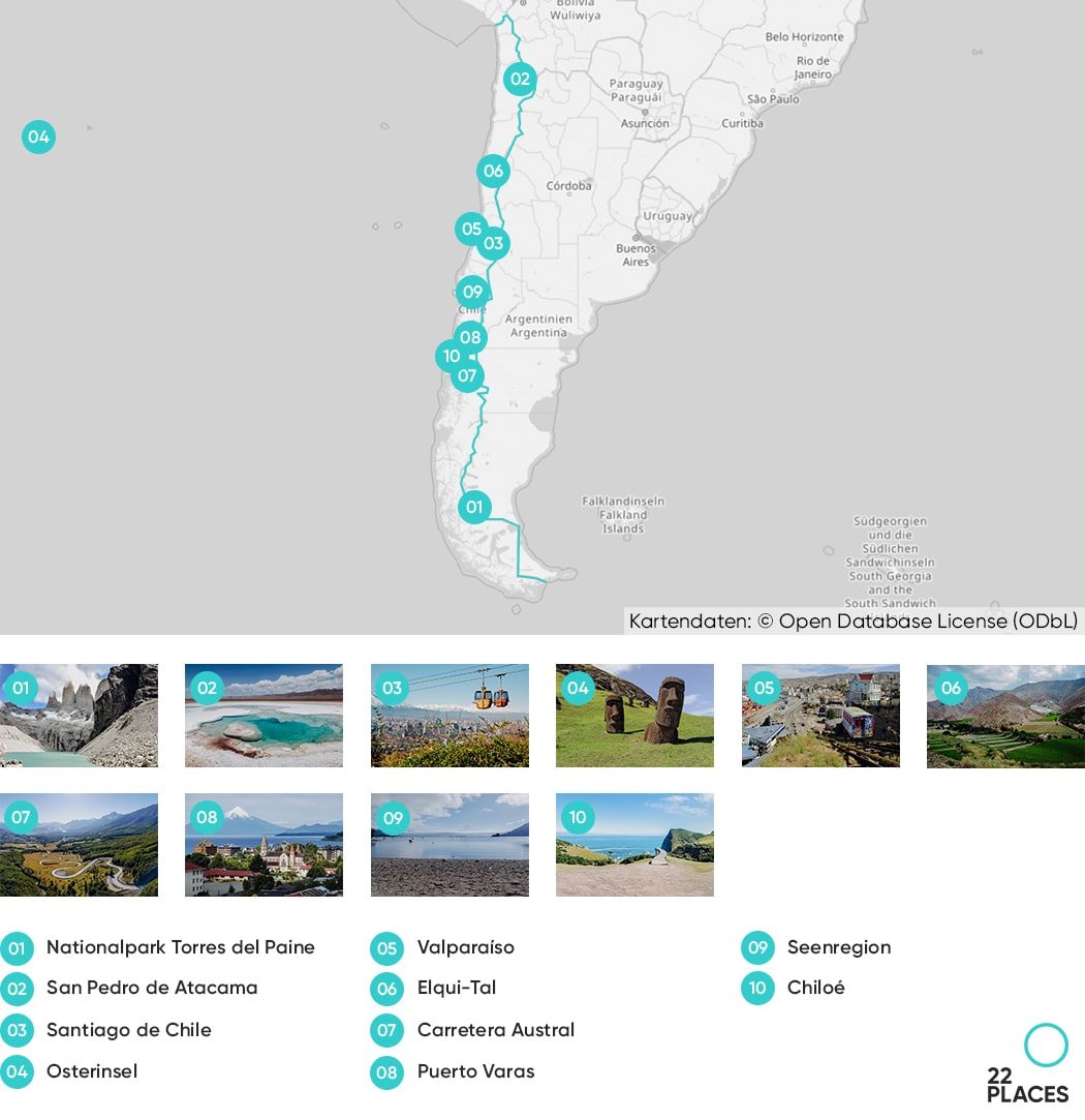 Karte mit den Top 10 Sehenswürdigkeiten in Chile