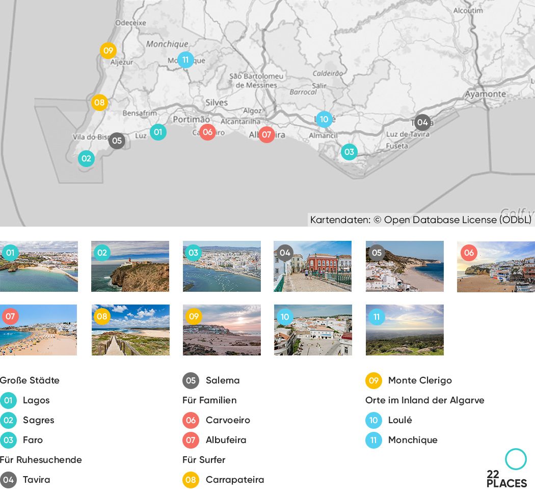 Karte unserer elf schönsten Orte an der Algarve