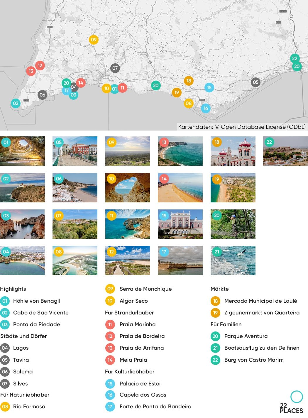 Karte unserer 22 Algarve Highlights zur Übersicht