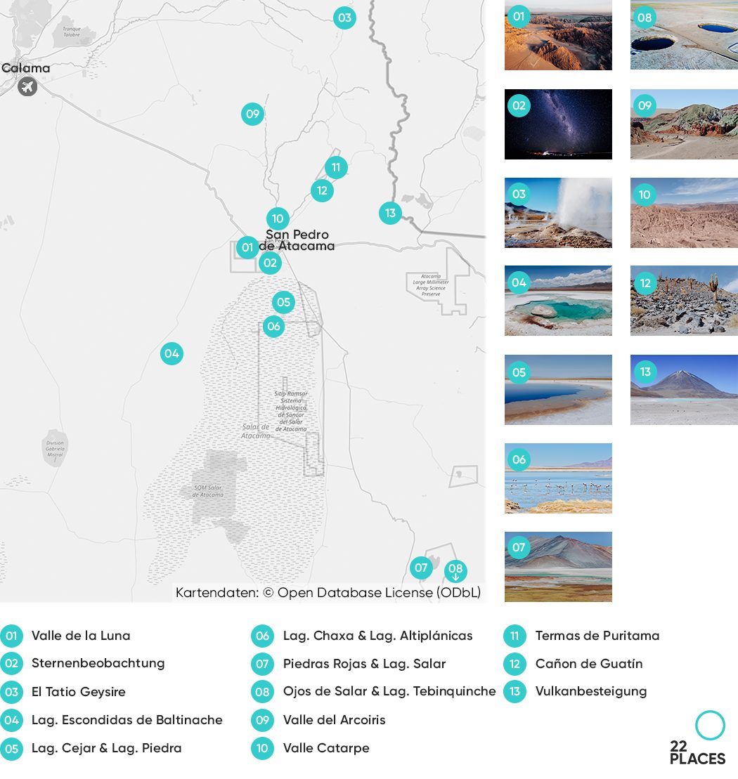 Unsere Karte mit den wichtigsten Sehenswürdigkeiten in der Atacama Wüste