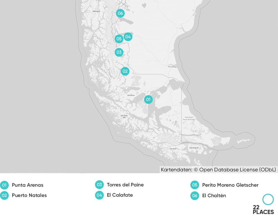 Auf dieser Karte findest du alle Stopps auf der 10 Tages Rundreise durch Patagonien