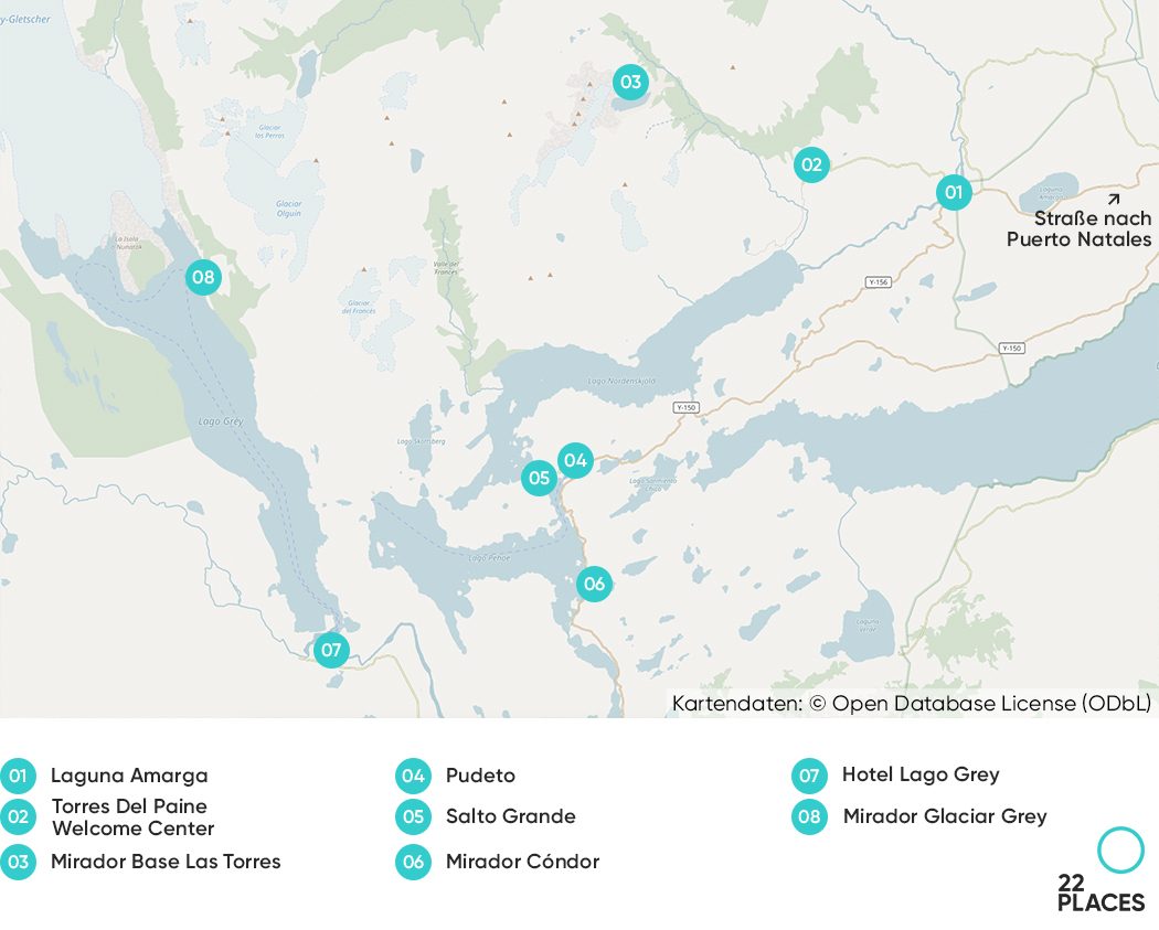 Die wichtigsten Sehenswürdigkeiten im Torres del Paine auf einer Karte