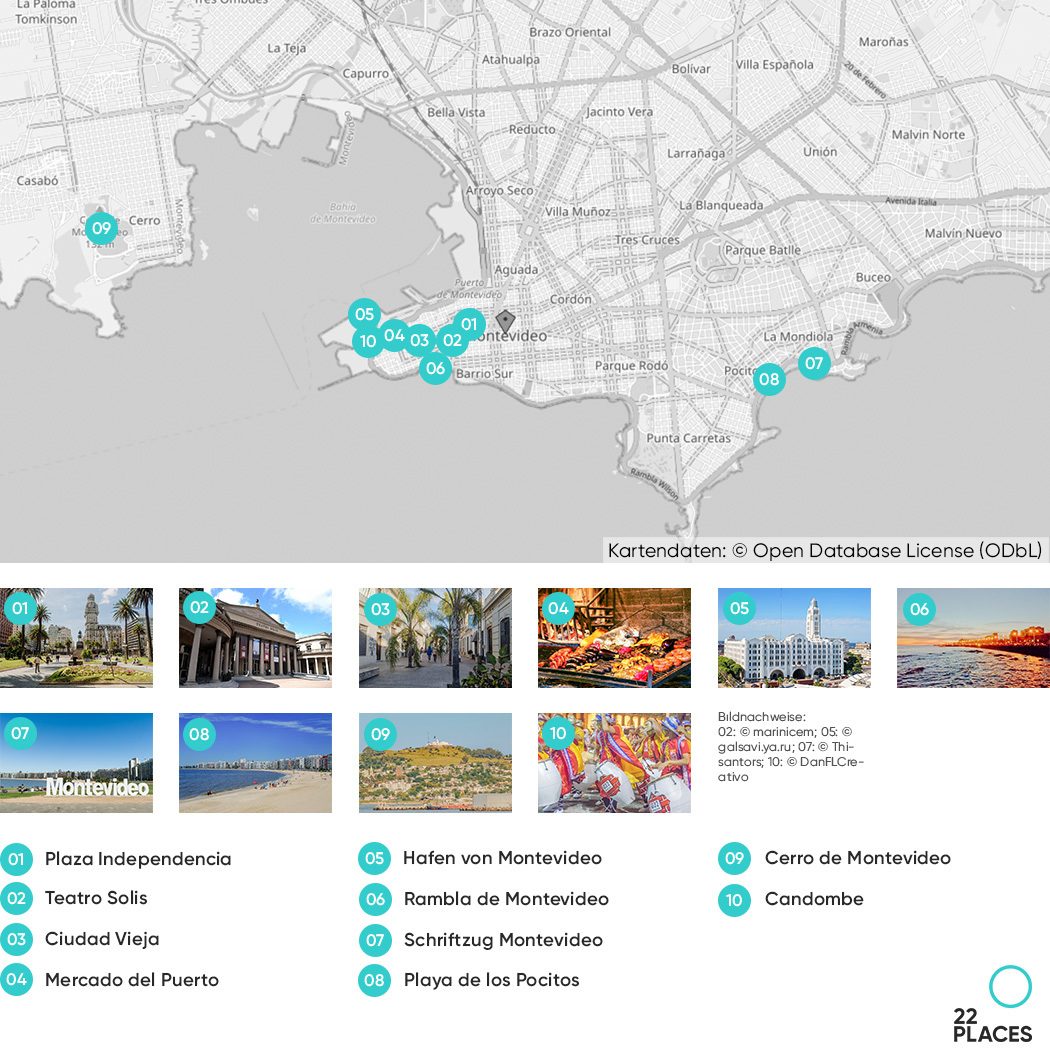 Karte mit den Sehenswürdigkeiten in Montevideo