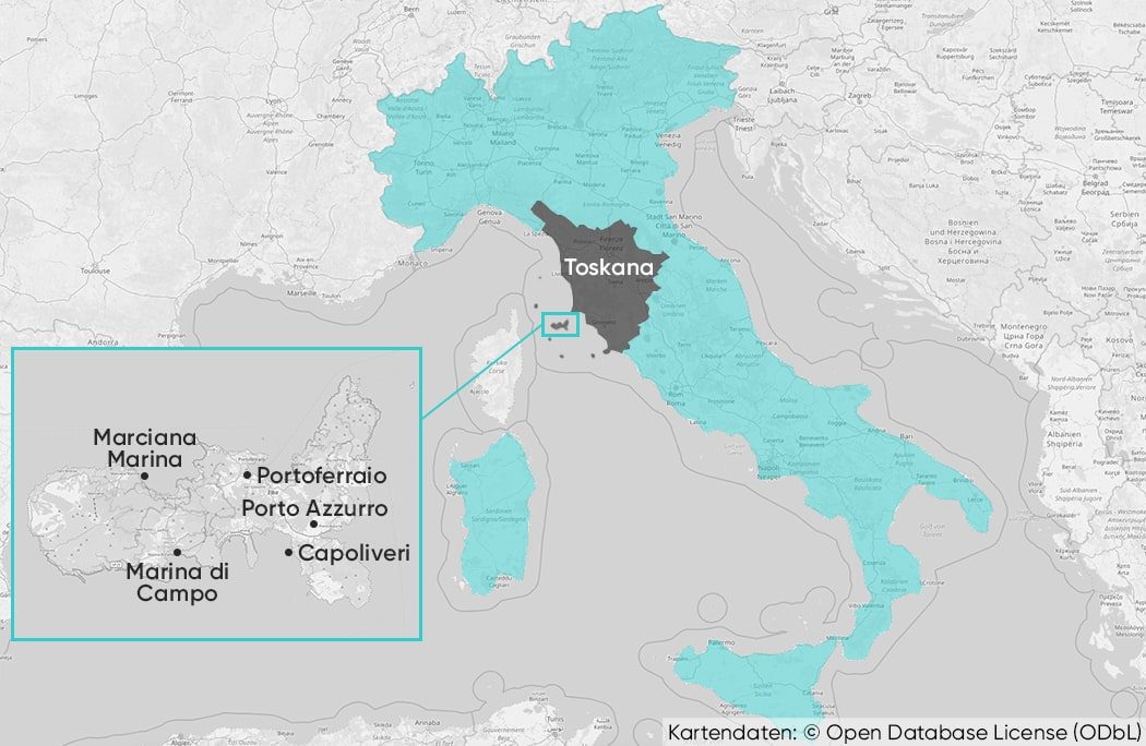 Karte auf der man sieht, wo Elba im Vergleich zu Italien liegt. Die Toskana ist farbig markiert und Elba ist nochmal vergrößert in einem Kasten erkennbar