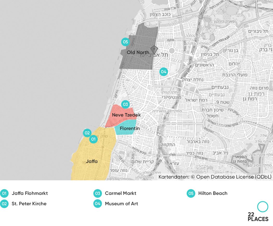 Karte mit den besten Vierteln zum Übernachten in Tel Aviv