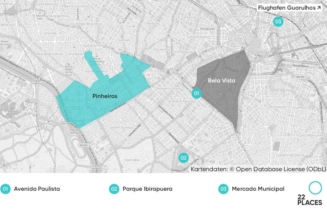 Auf dieser Karte findest du die schönsten Stadtteile in Sao Paulo und drei wichtige Sehenswürdigkeiten