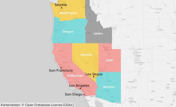 Karte des Westens der USA mit Bundesstaaten und den wichtigsten Städten