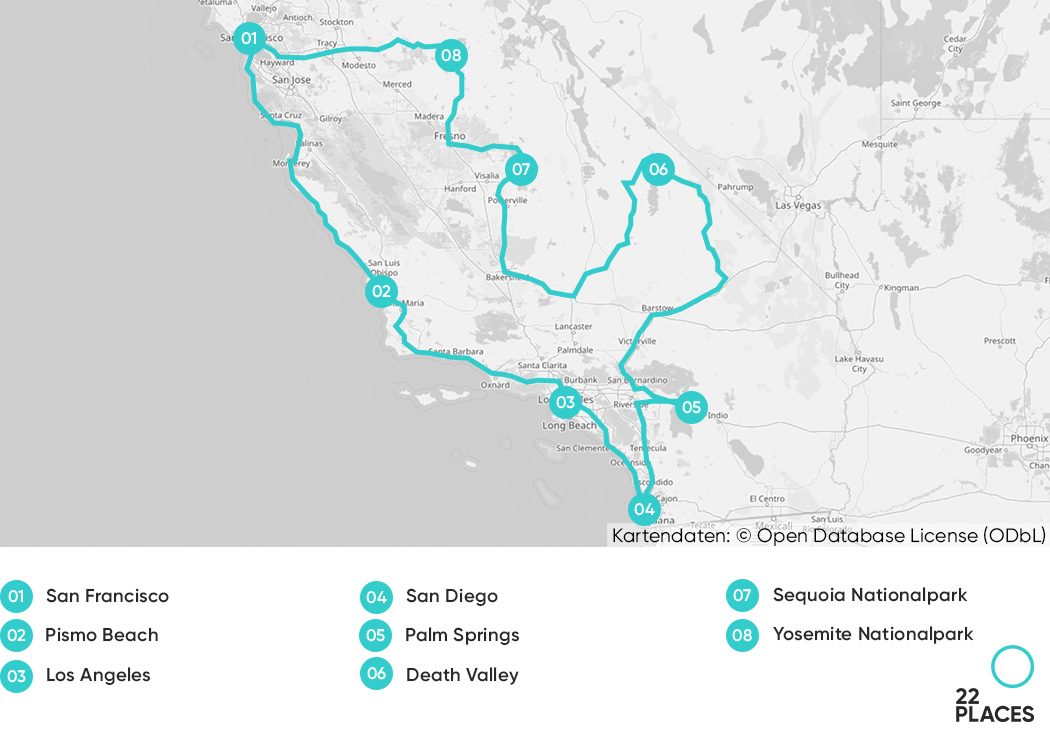 Karte mit unserer Kalifornien Rundreise Route