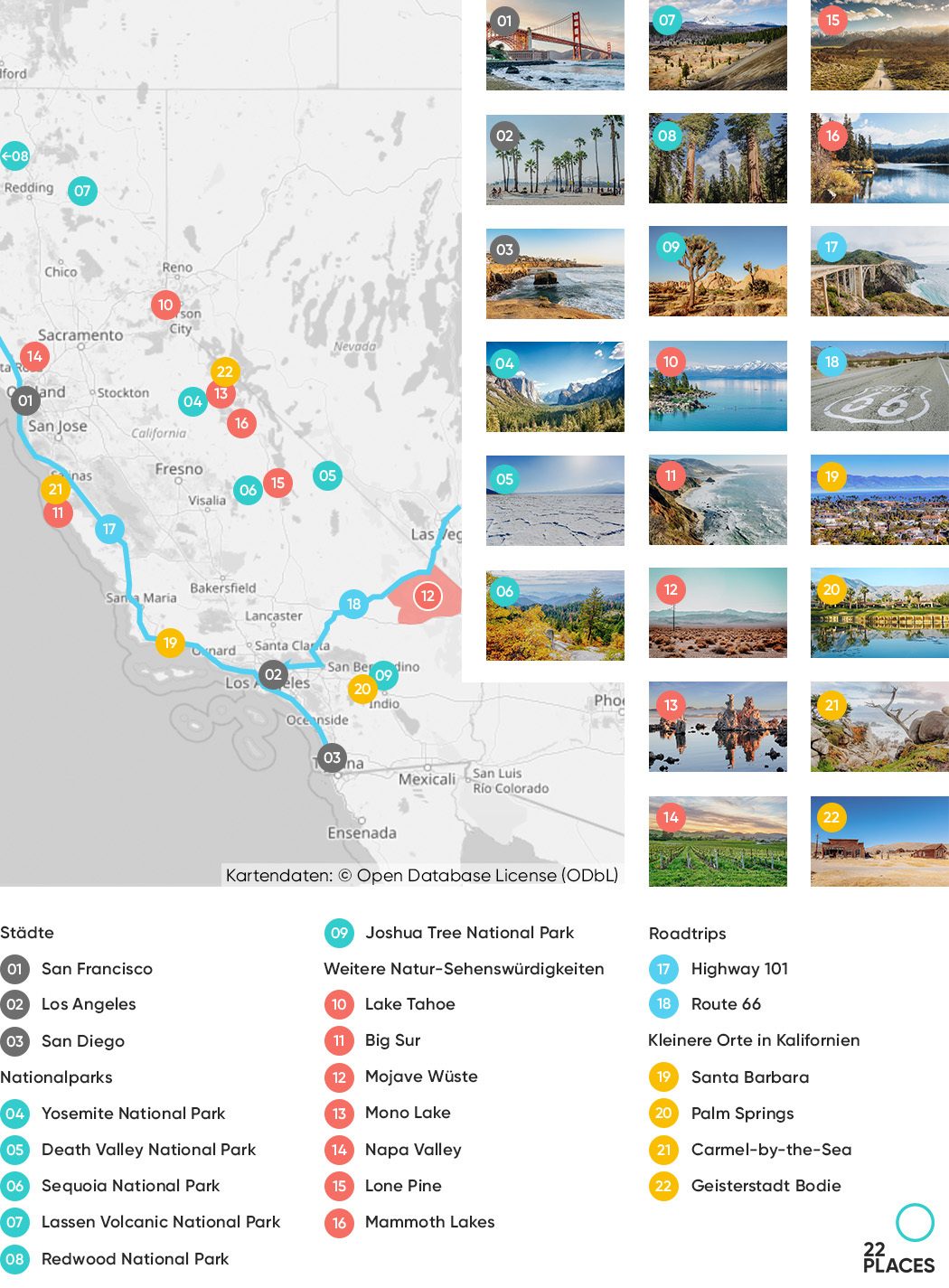 Unsere Kalifornien Sehenswürdigkeiten auf einer Karte im Überblick