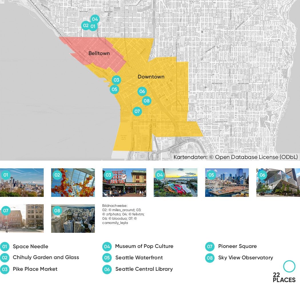 Karte unserer Top 8 Seattle Sehenswürdigkeiten