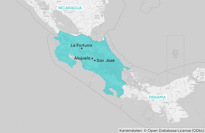 Eine Karte von Costa Rica mit seinen Nebenländern Nicaragua und Panama