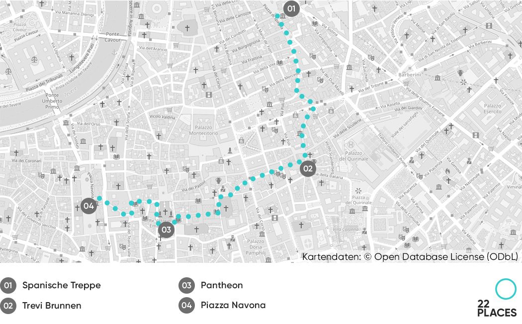 Karte mit einer Route für den ersten Tag Sightseeing in Rom