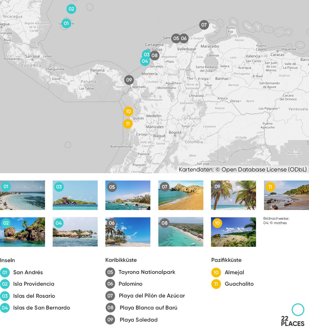 Karte mit den schönsten Stränden in Kolumbien und ihren Bildern und Bezeichnungen darunter 