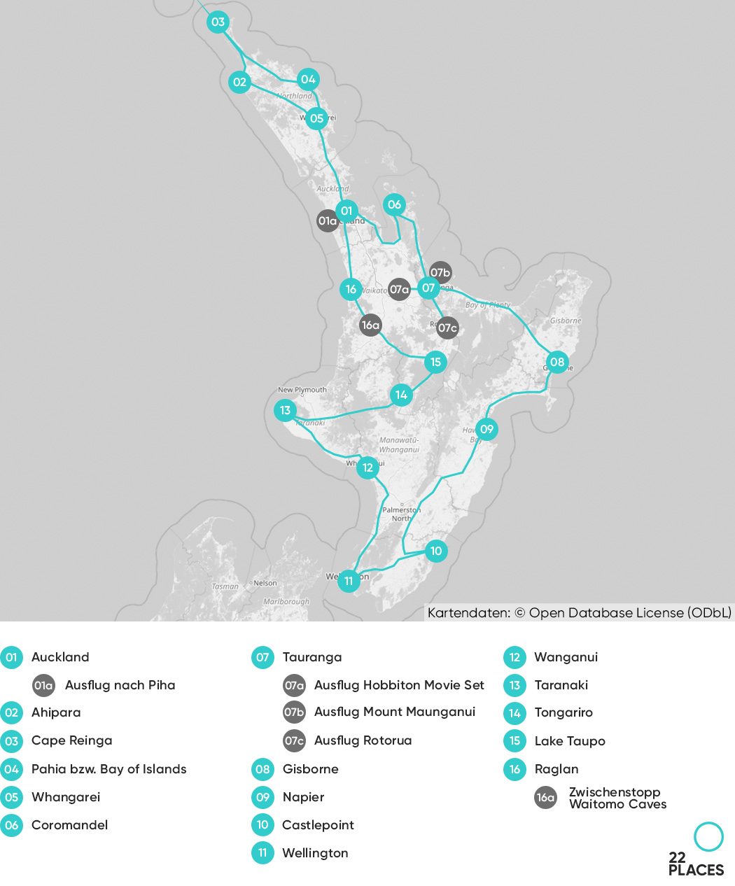 Karte unserer Rundreise Route für 3 Wochen Neuseeland Nordinsel