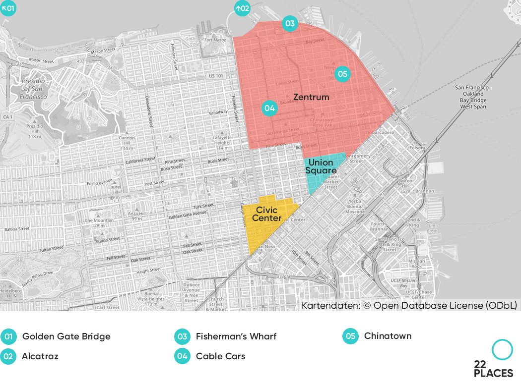 Karte mit super Vierteln, um günstig in San Francisco zu übernachten