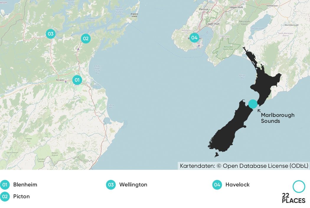 Karte der Marlborough Sounds in Neuseeland zum Überblick