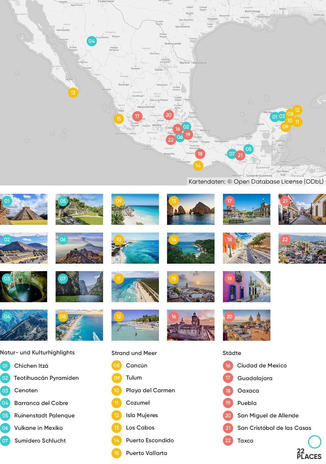 Unsere Karte mit den schönsten Sehenswürdigkeiten in Mexiko