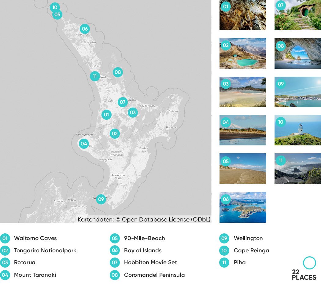 Karte mit unseren 11 Highlights auf Neuseelands Nordinsel