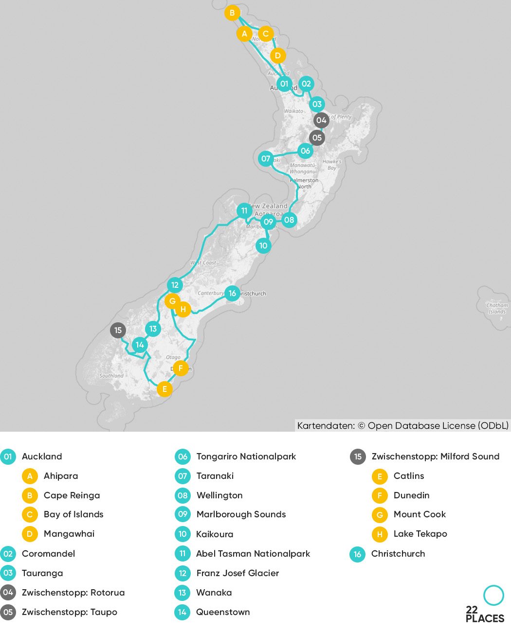 Karte unserer Rundreise Route für 4 Wochen Neuseeland