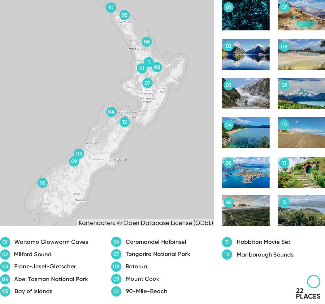 Karte mit unseren 12 Neuseeland Highlights im Überblick
