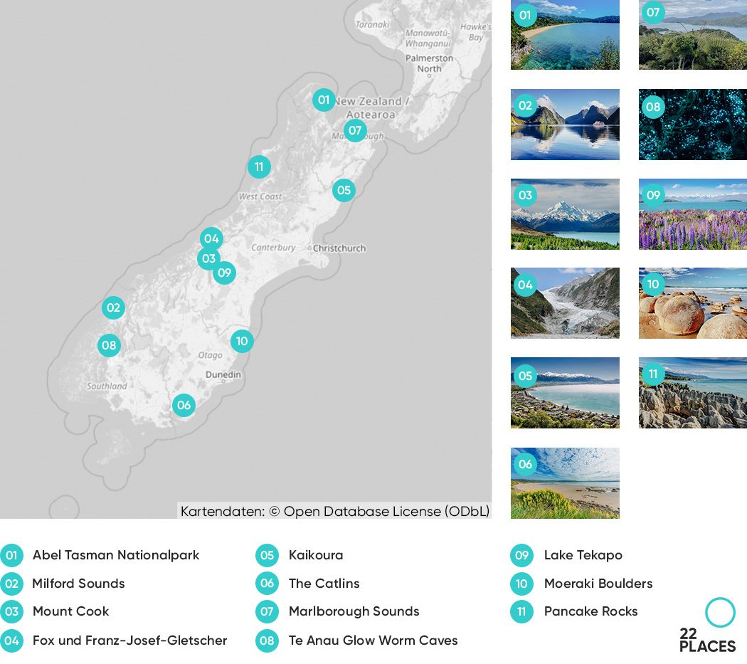 Karte mit 11 Highlights auf Neuseelands Südinsel