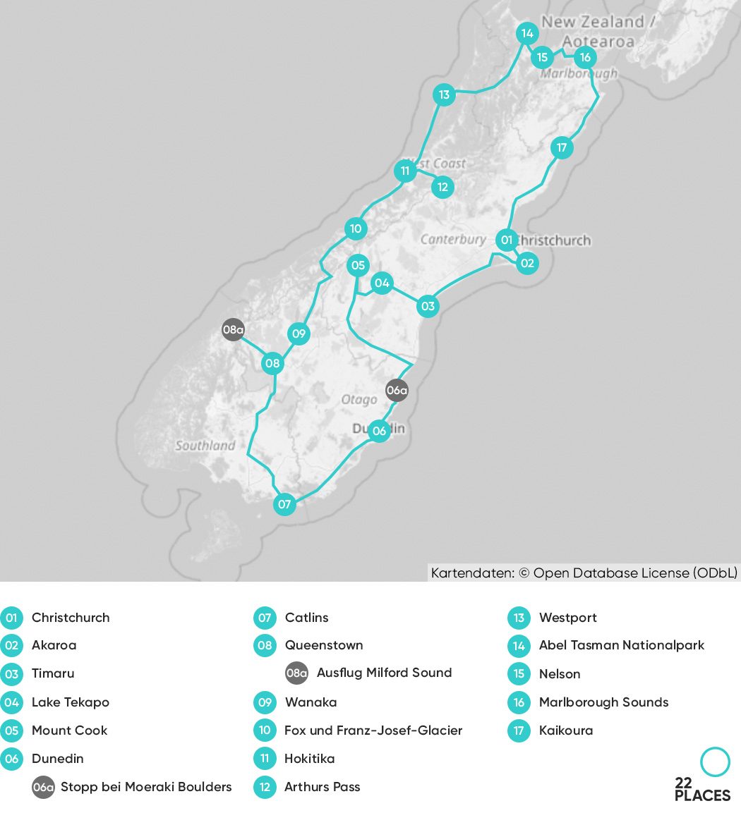 Unsere Route für 3 Wochen Rundreise auf Neuseelands Südinsel