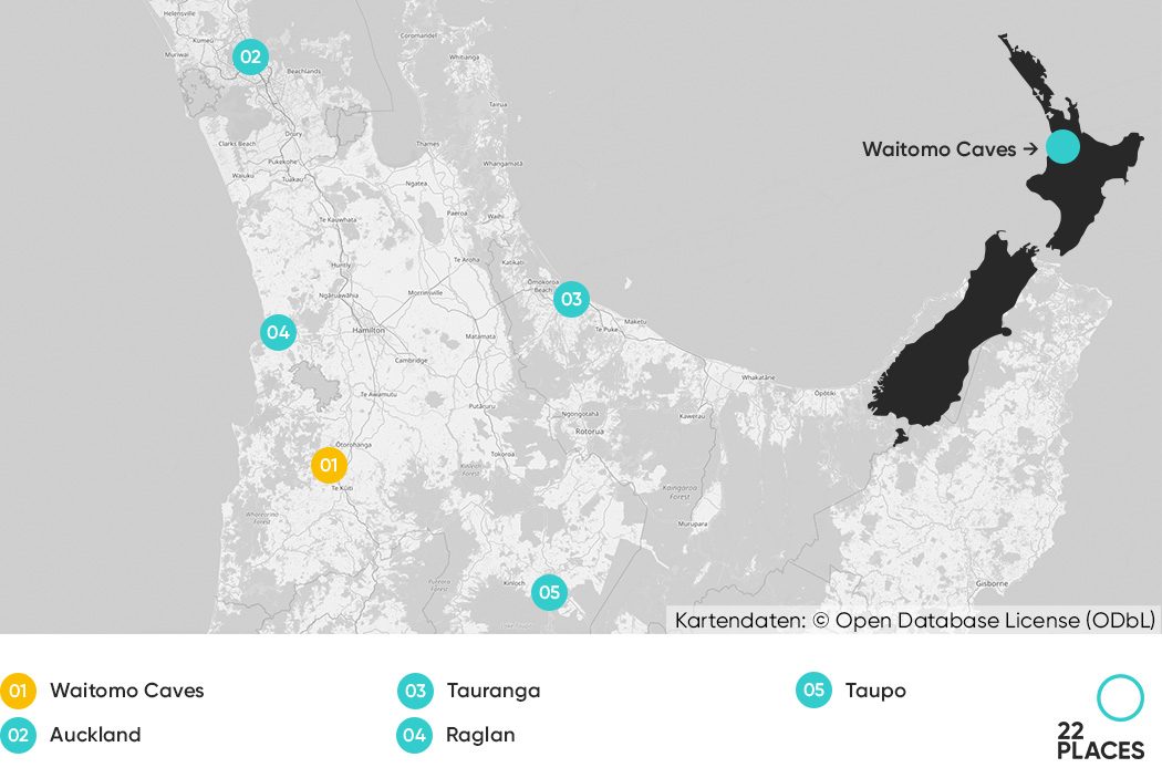 Karte der Waitomo Caves in Neuseeland zur Orientierung