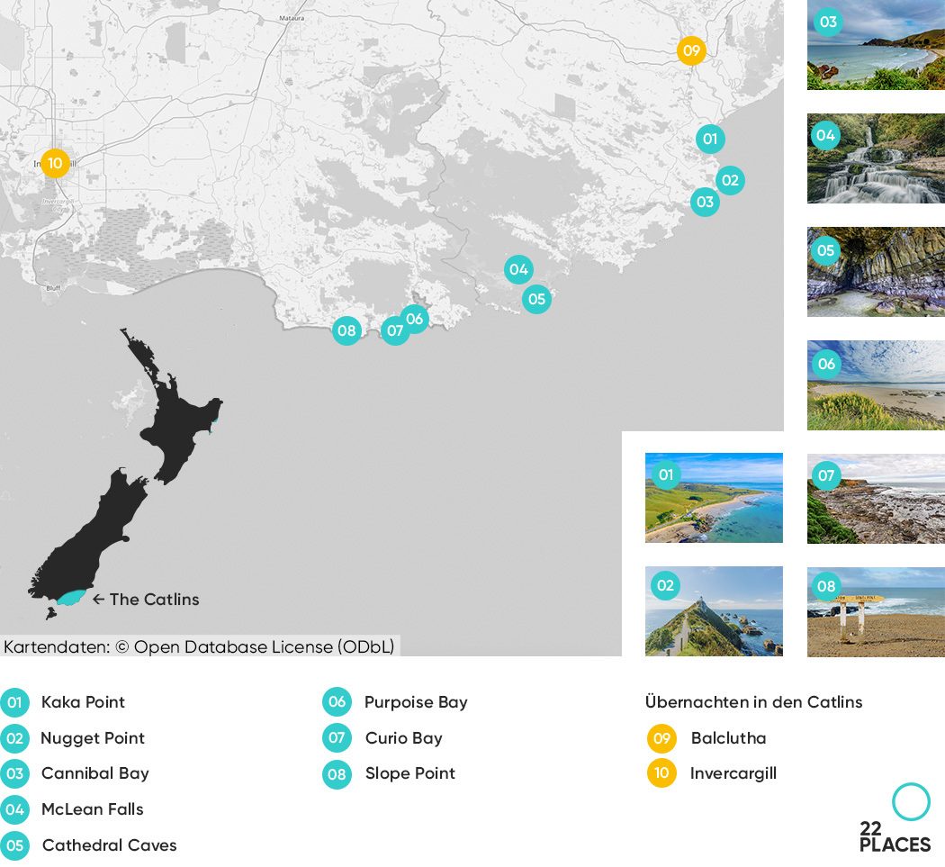 Karte unserer Highlights in den Catlins von Neuseeland