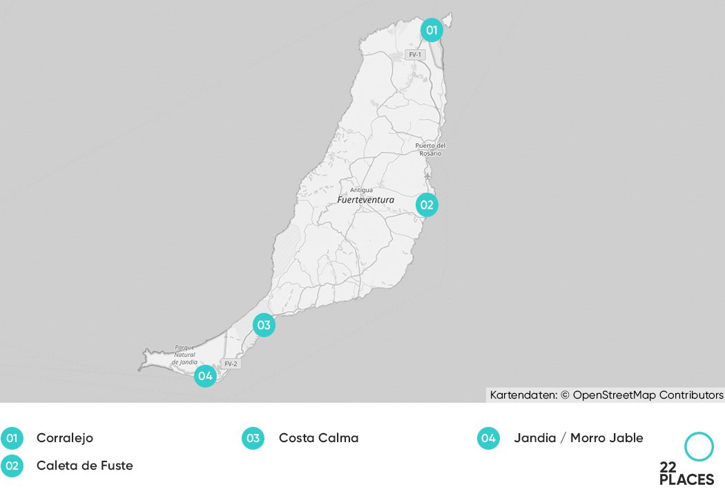 Karte mit den beliebtesten Urlaubsorten für Erwachsenenhotels auf Fuerteventura