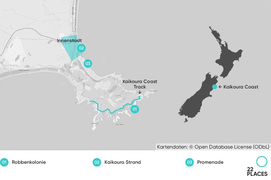 Unsere Karte der wichtigsten Orte und der Lage von Kaikoura in Neuseeland