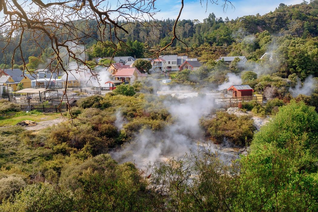 Dampfende Quellen zwischen den Häusern in Rotorua, Neuseeland
