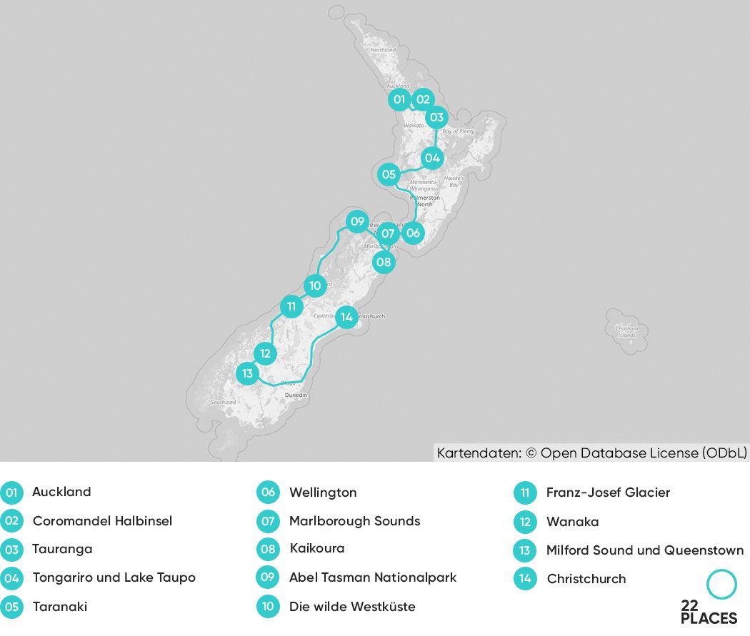 Karte mit unserer Route für 3 Wochen Neuseeland Rundreise